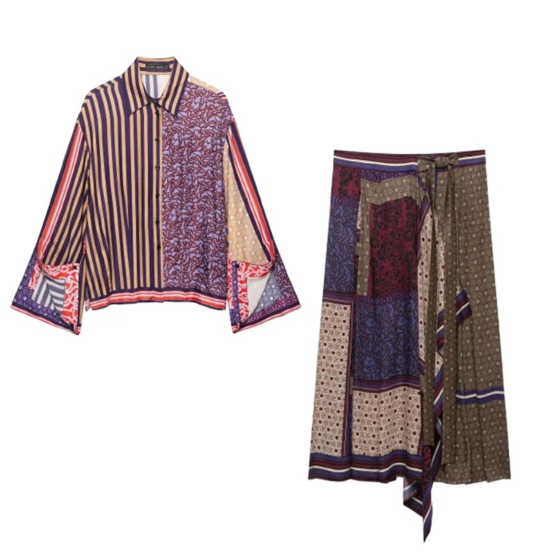 Setelan Rok Sarong Cetak Elega - Shirt Camp Collar ulasan dan harga